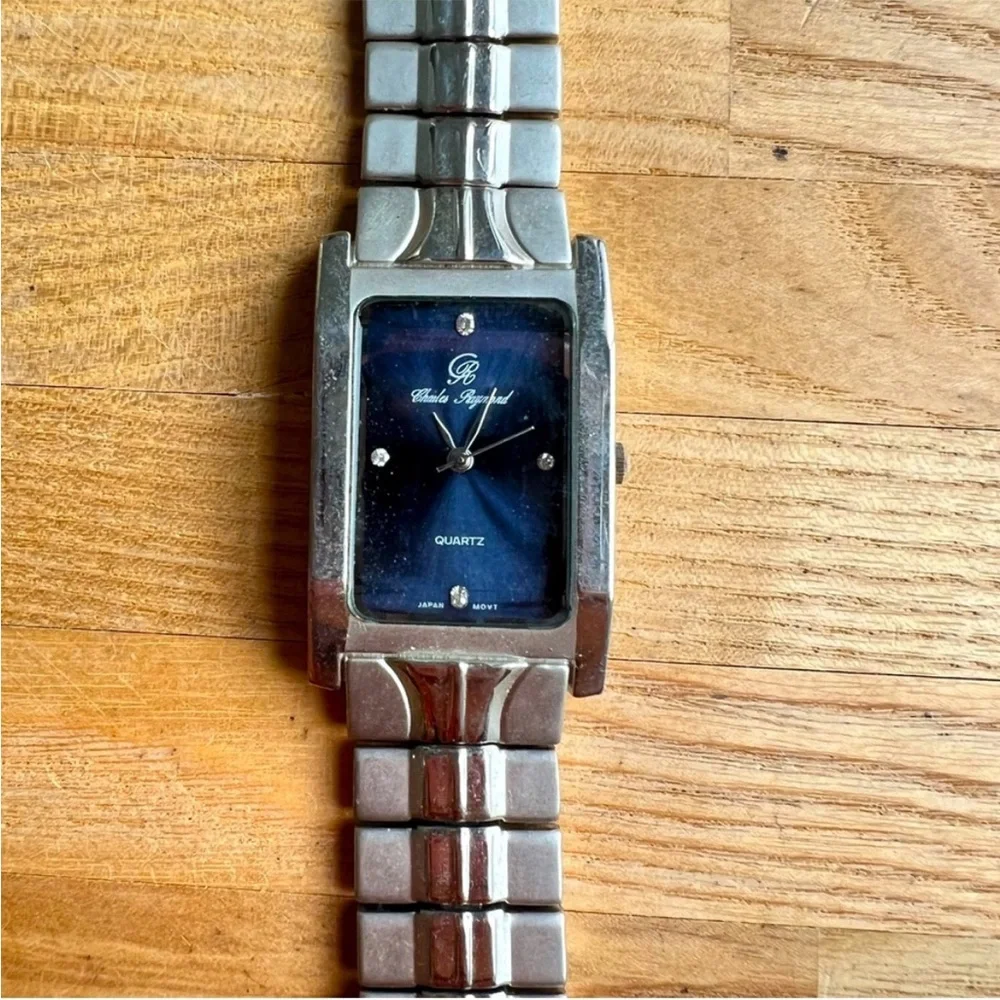 Charles Raymond rectangular blue dial silver tone watch NEW BATTERY